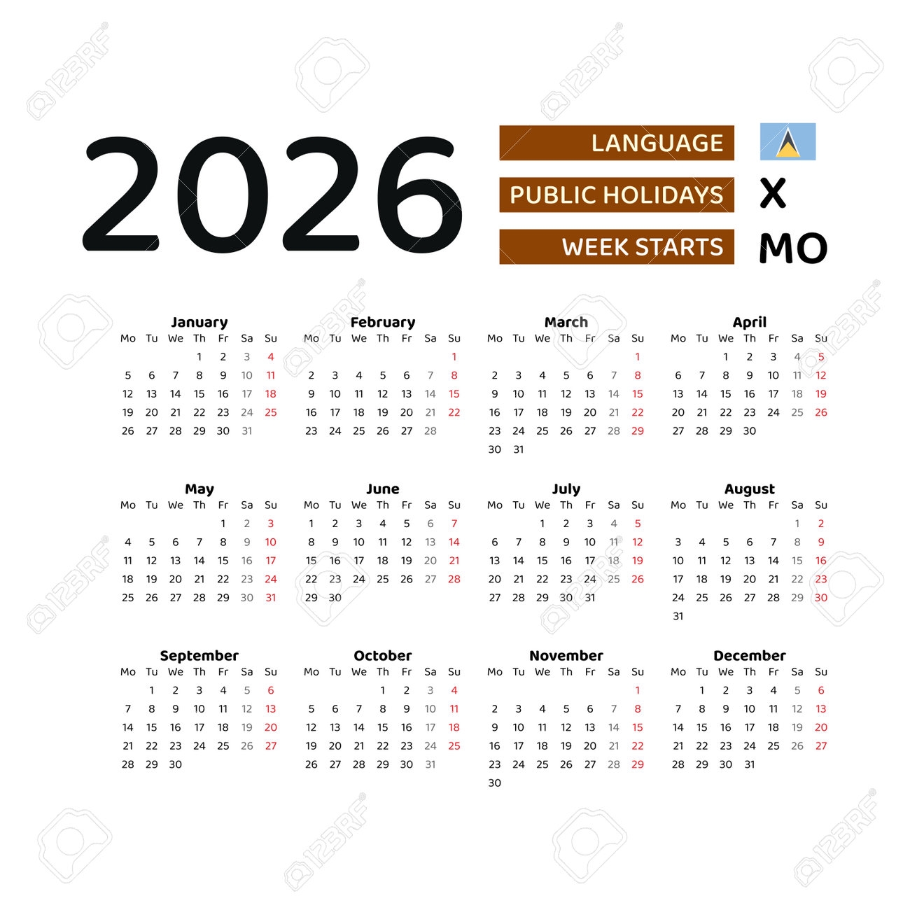 Calendar 2026 English Language With Saint Lucia Public Holidays Week Starts From Monday Graphic Design Vector Illustration Royalty Free SVG Cliparts Vectors And Stock Illustration Image 205140952 