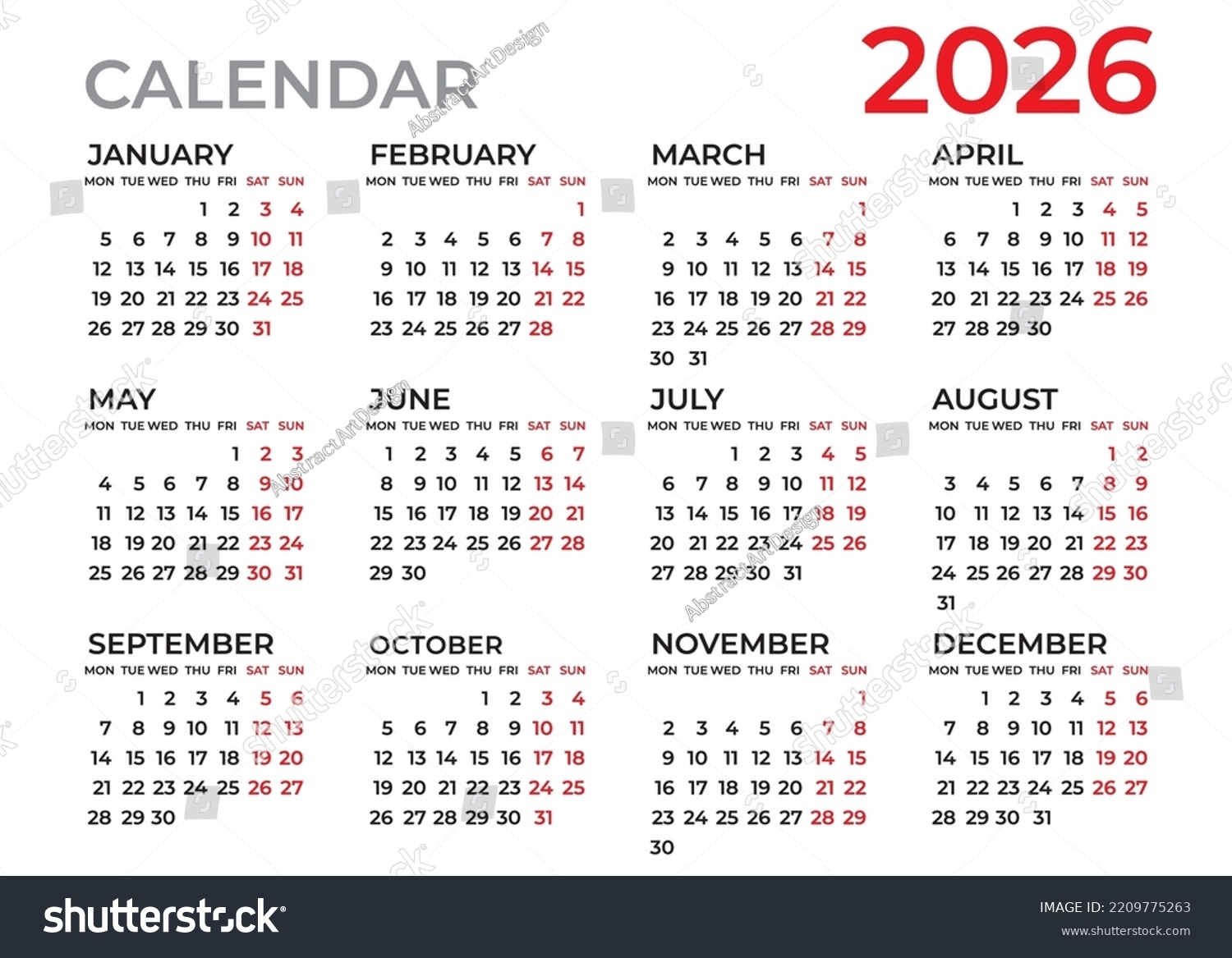 Calendar 2026 Template Planner 2026 Year Stock Vector Royalty 