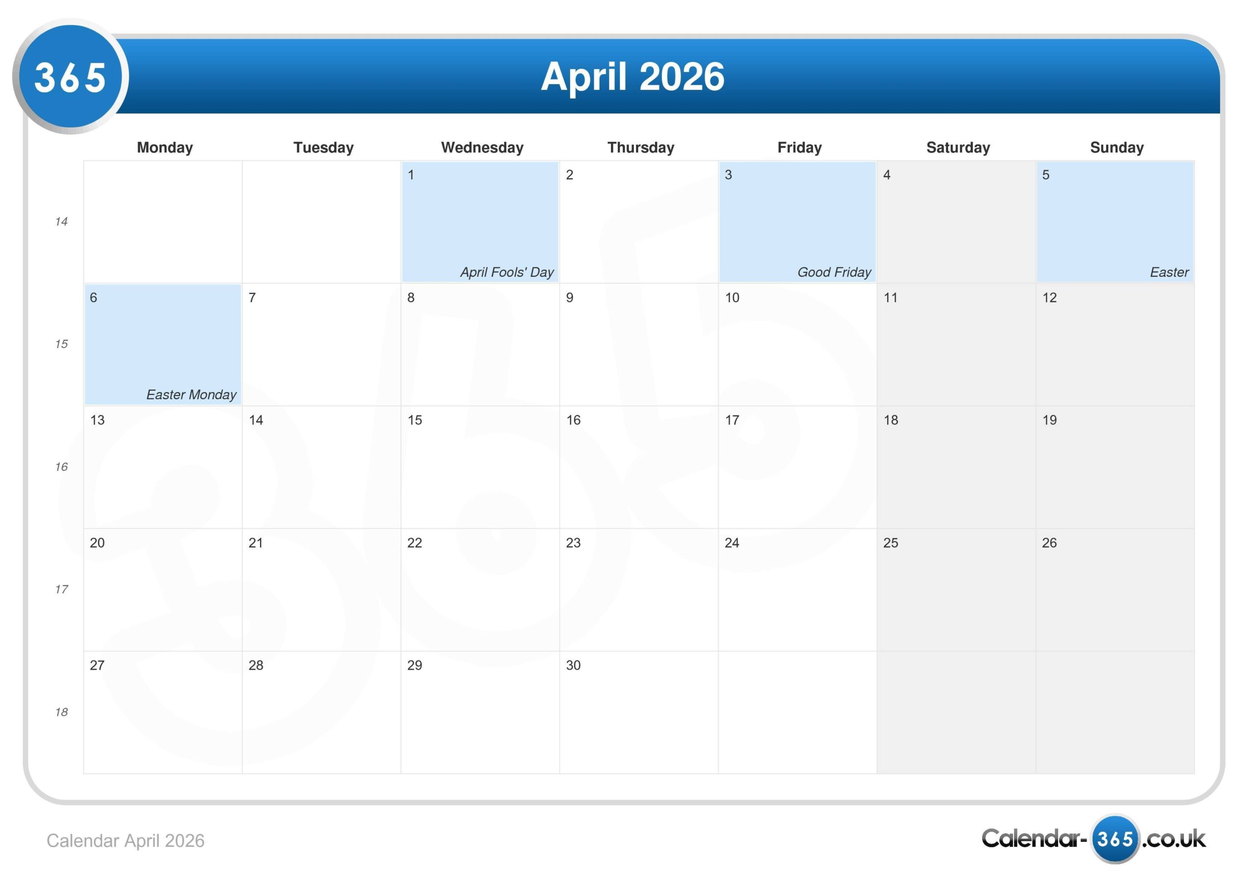 Calendar April 2026