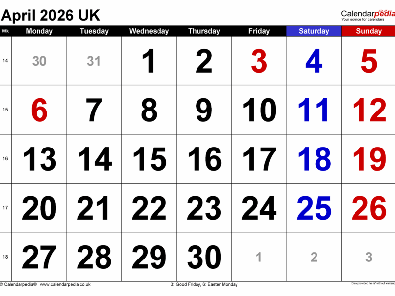 Calendar April 2026 UK With PDF Excel And Word Templates