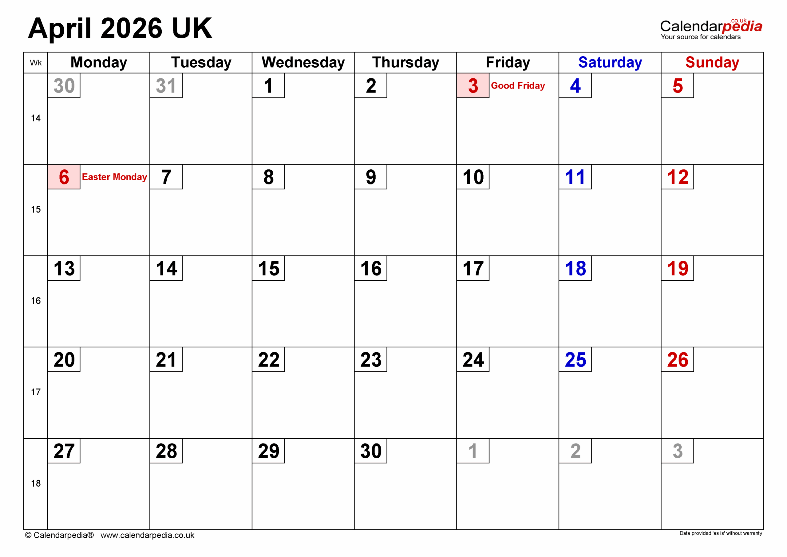 Calendar April 2026 UK With PDF Excel And Word Templates