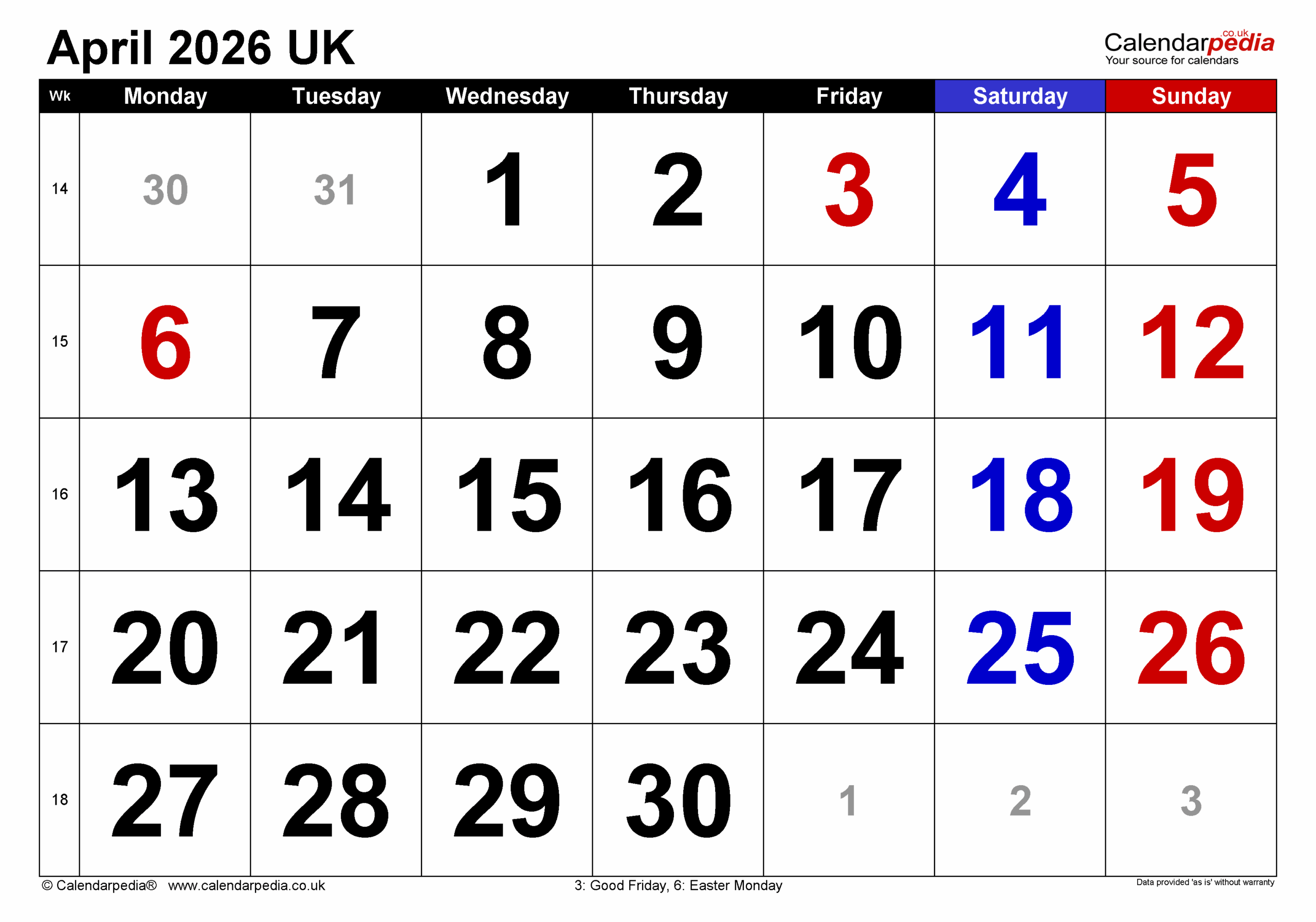 Free Printable April 2026 Calendar