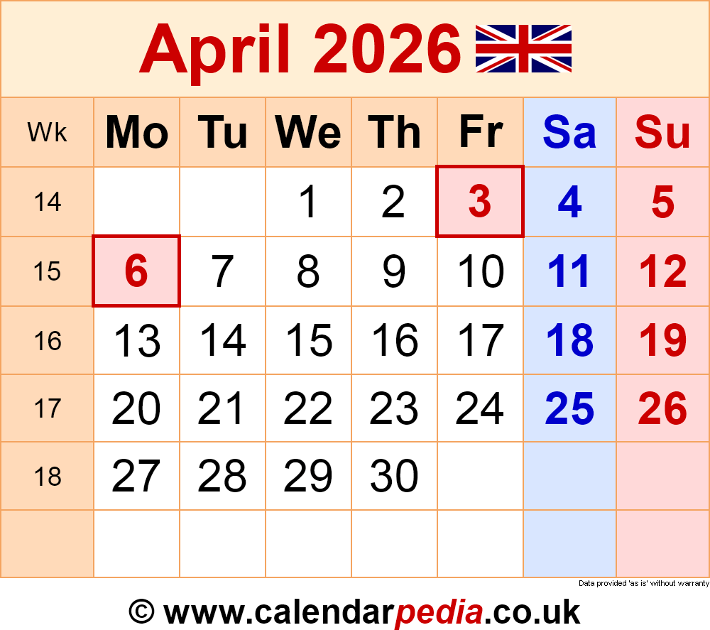 Calendar April 2026 UK With PDF Excel And Word Templates
