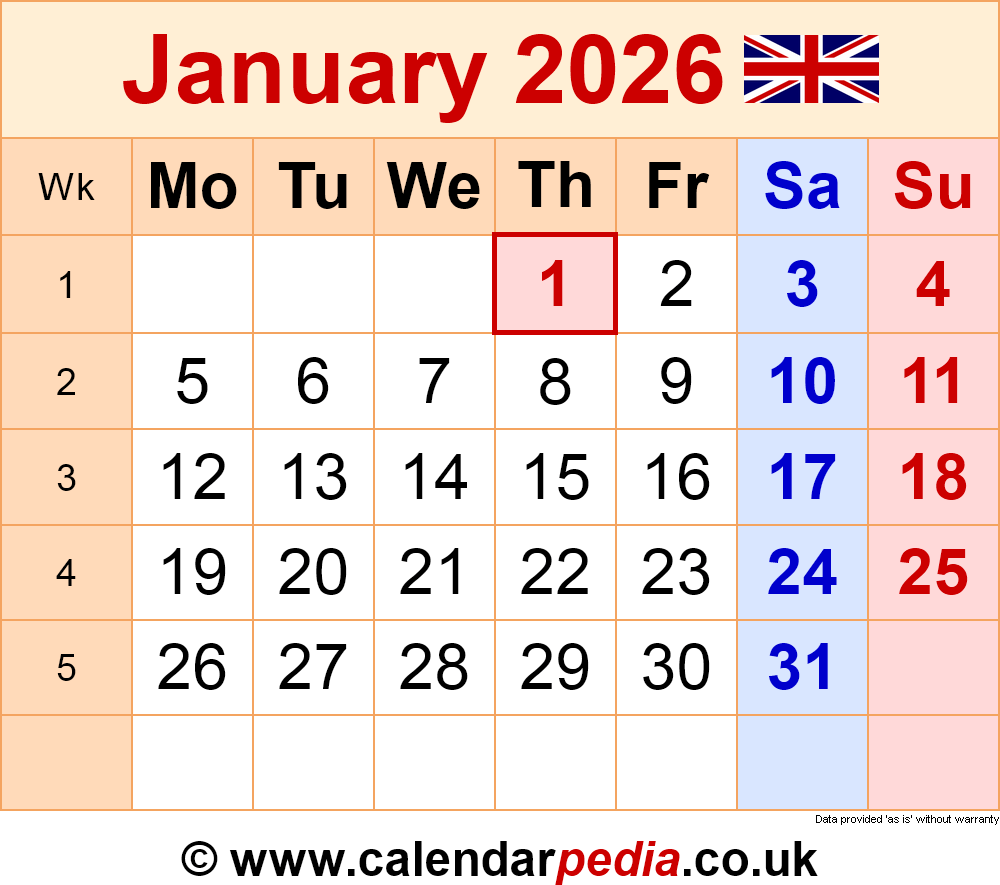 January 2026 Weekly Calendar