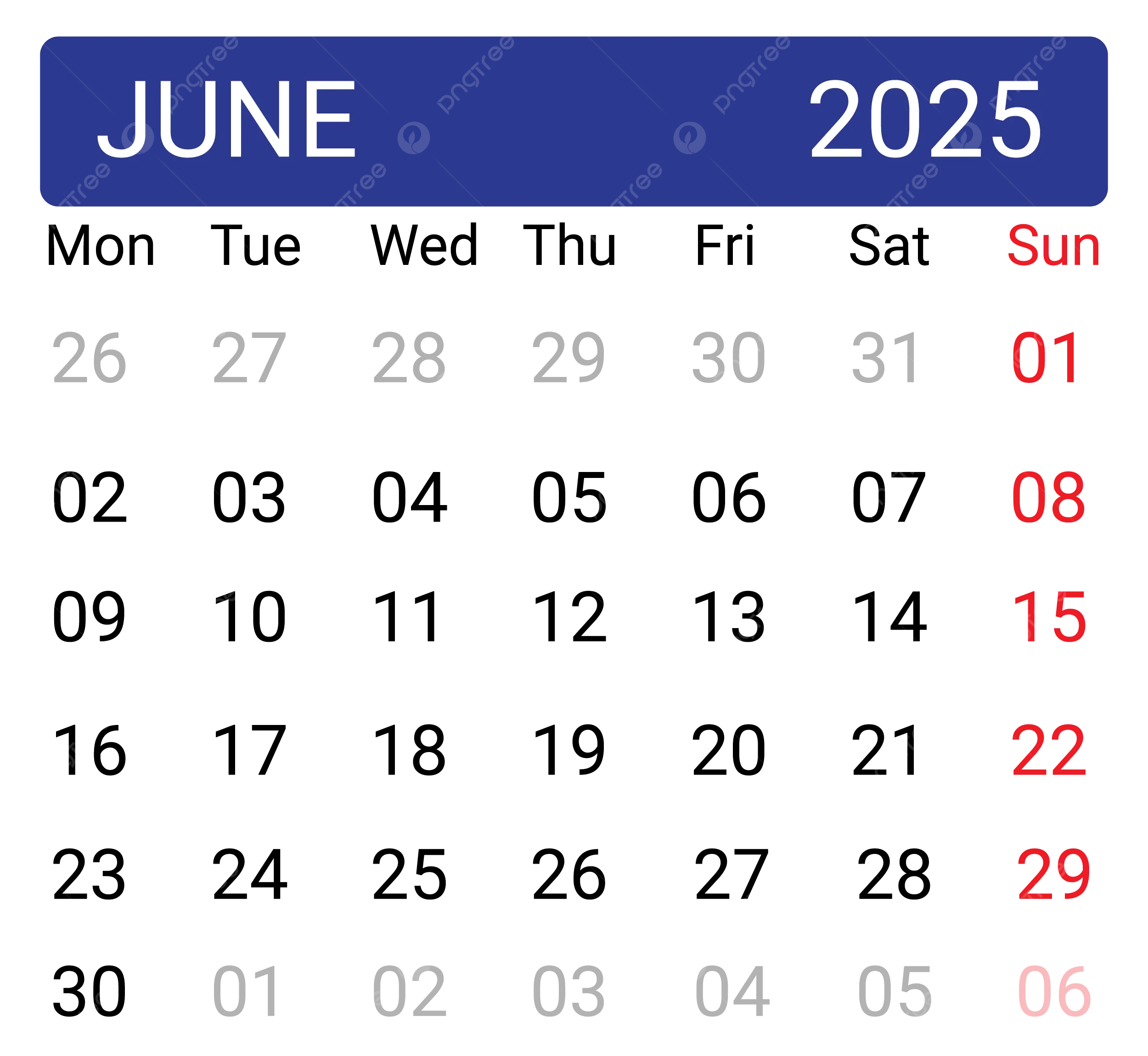 Calendar June 2025 Vector Calendar 2025 June 2025 Monthly PNG And Vector With Transparent Background For Free Download