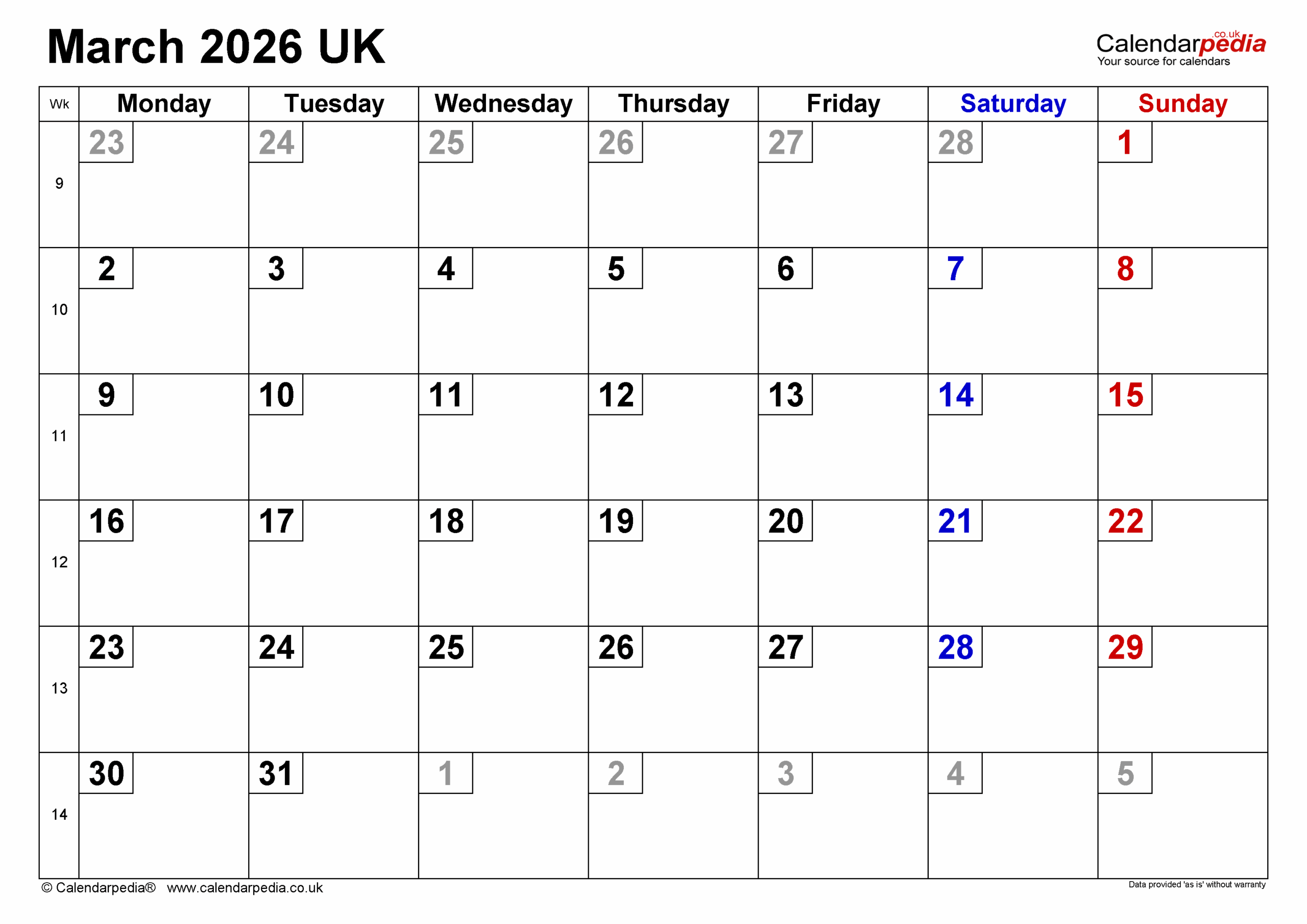 March 2026 Calendar Desktop