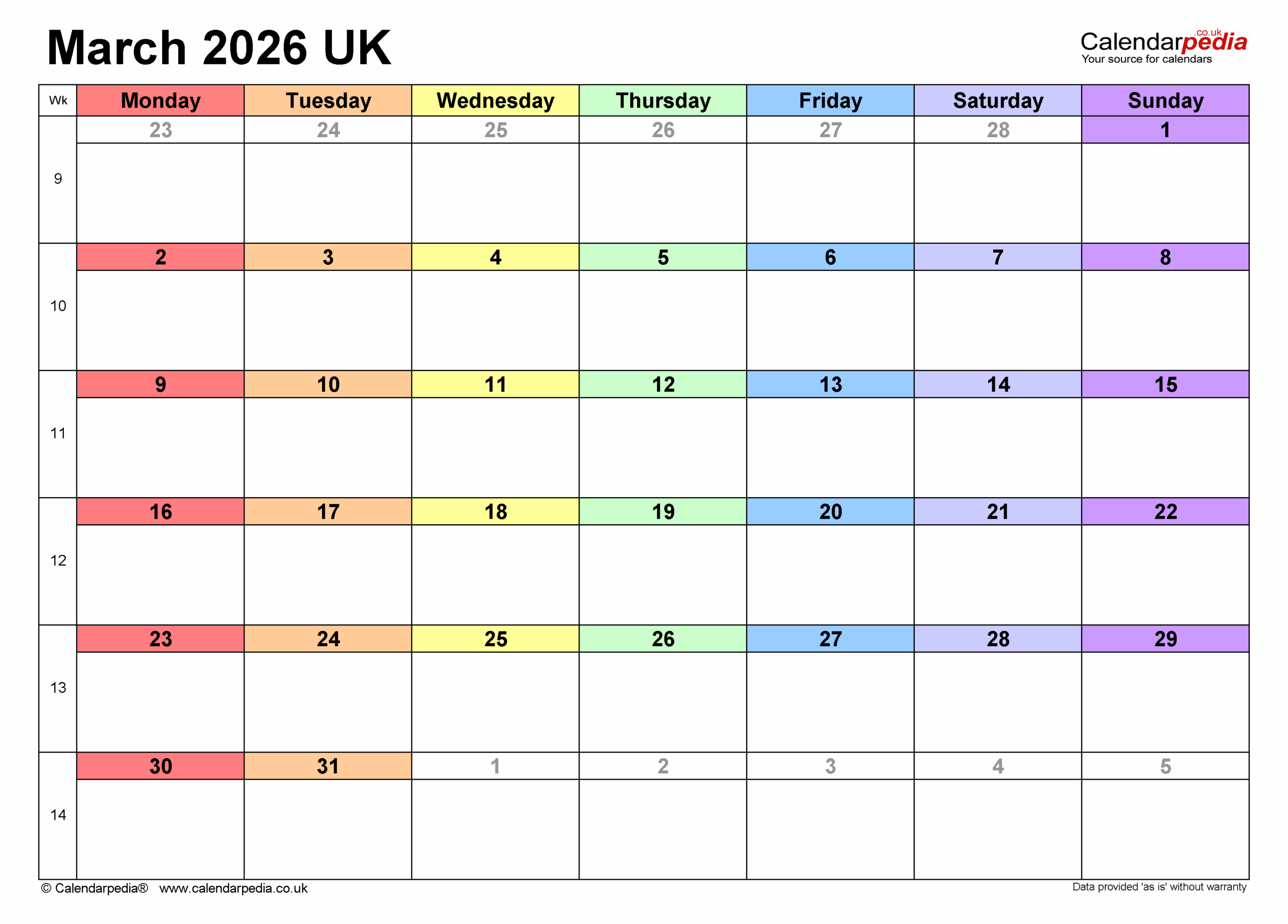 Calendar March 2026 UK With PDF Excel And Word Templates