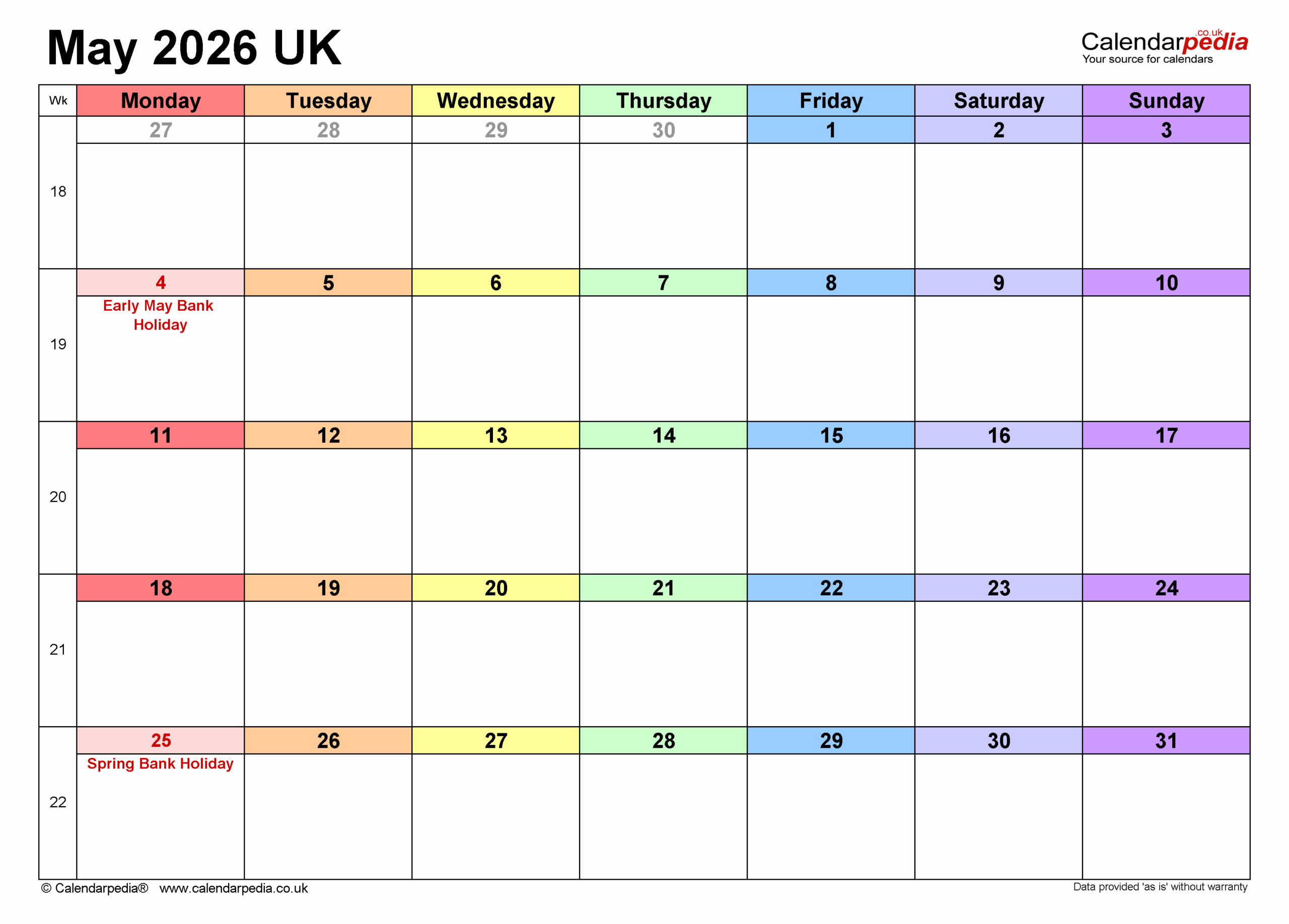 Calendar May 2026 UK With PDF Excel And Word Templates