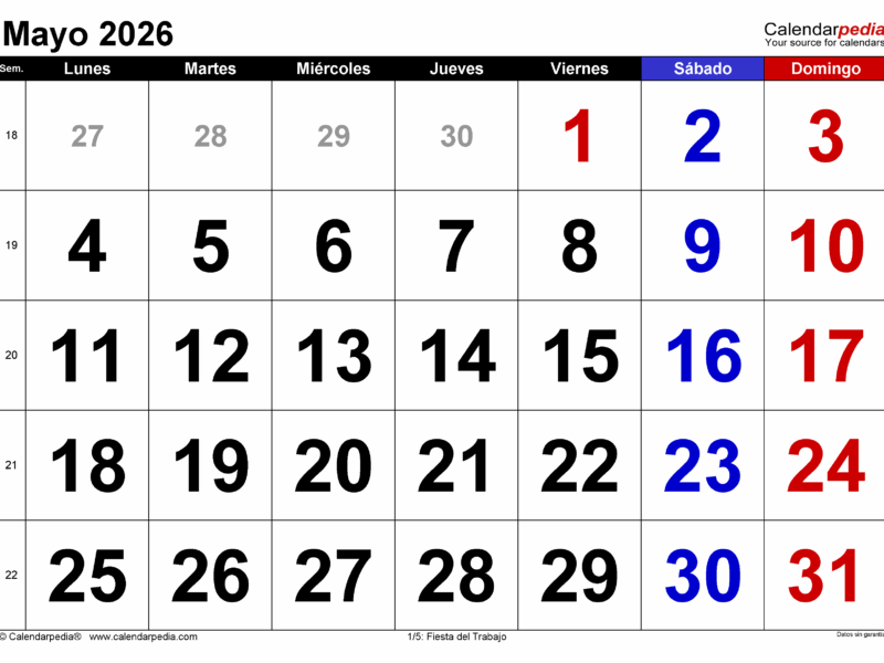 Calendario Mayo 2026 En PDF Excel Y Word Calendarpedia