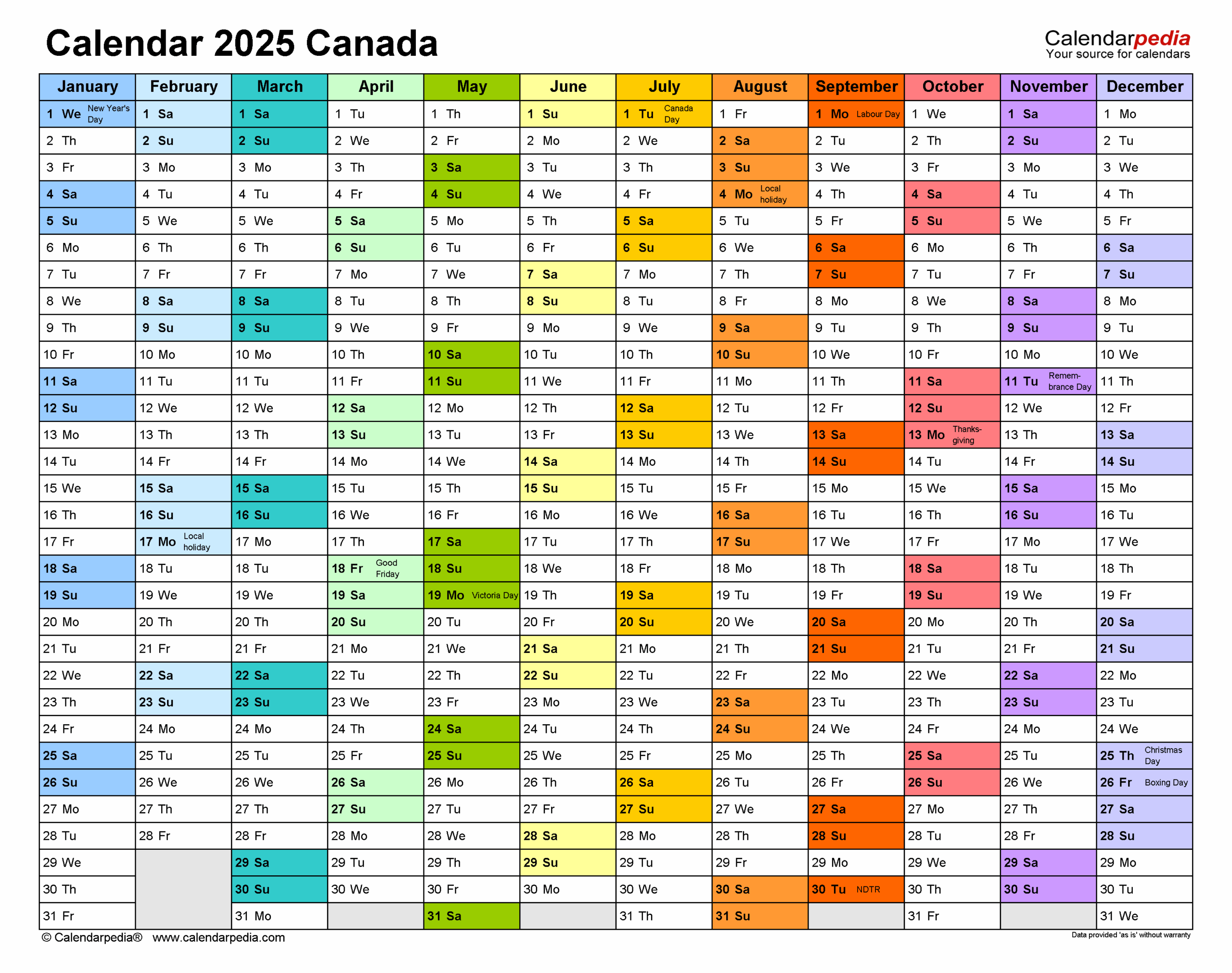 Canada Calendar 2025 Free Printable Excel Templates