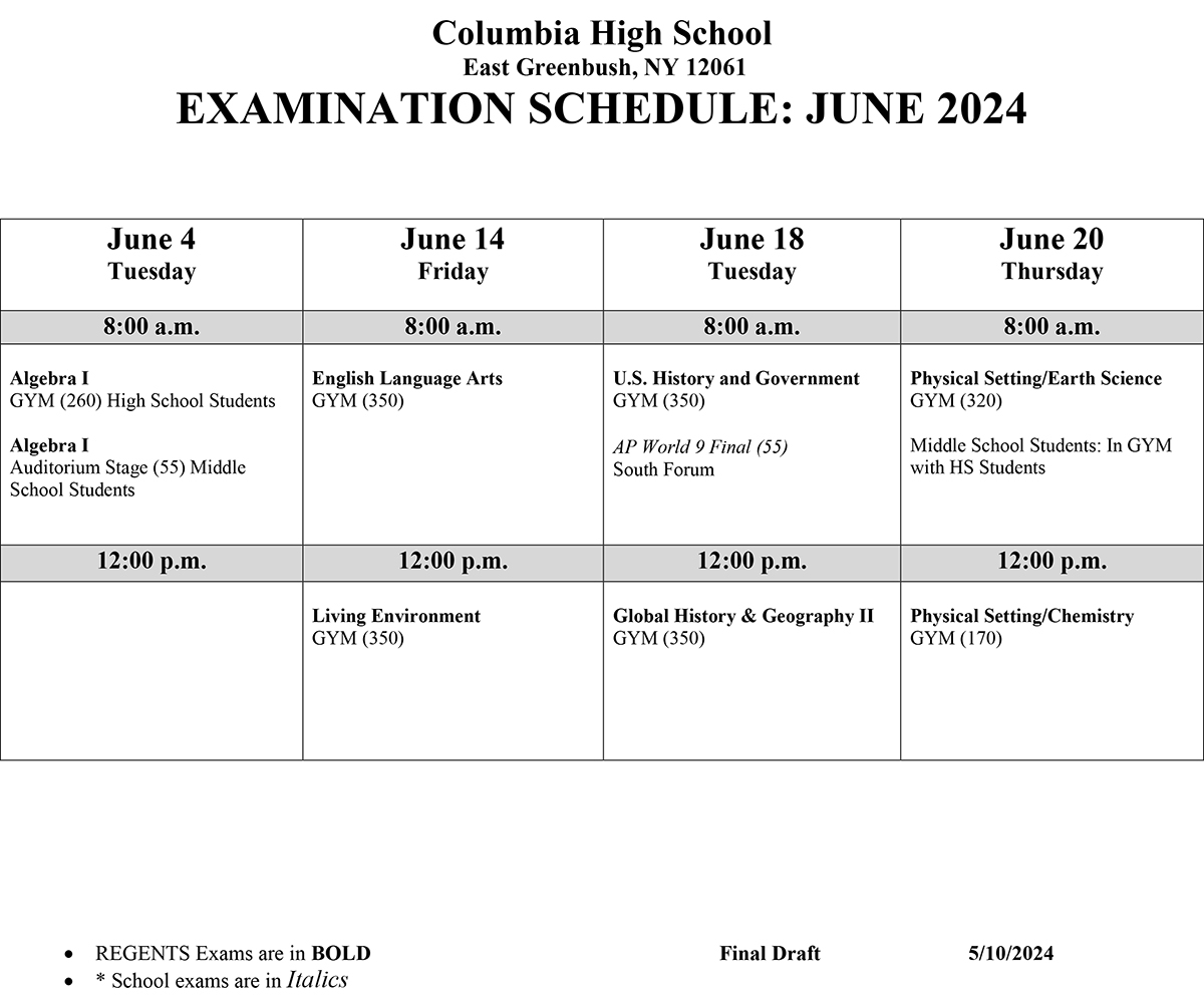 Columbia Regents Exam Schedule June 2024 East Greenbush CSD