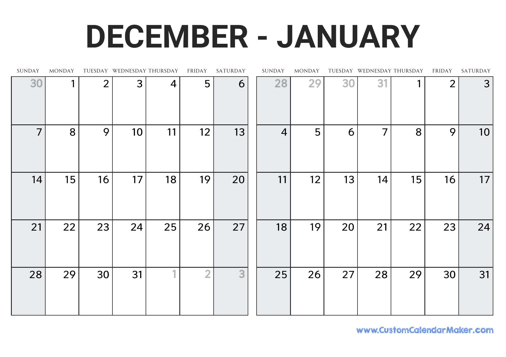 December 2025 And January 2026 Calendar Custom Calendar Maker