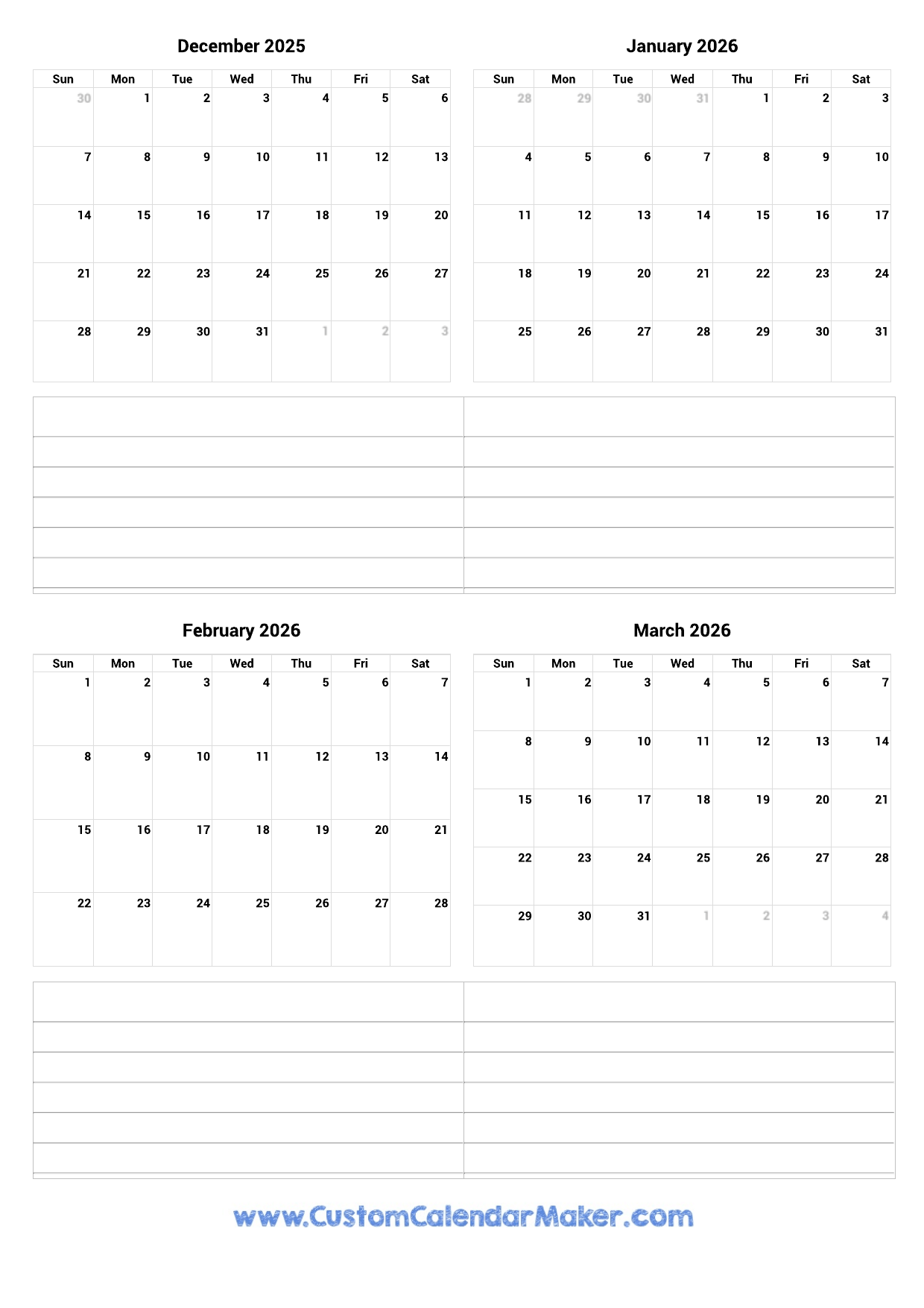 December 2025 To March 2026 Printable Calendar Custom Calendar Maker