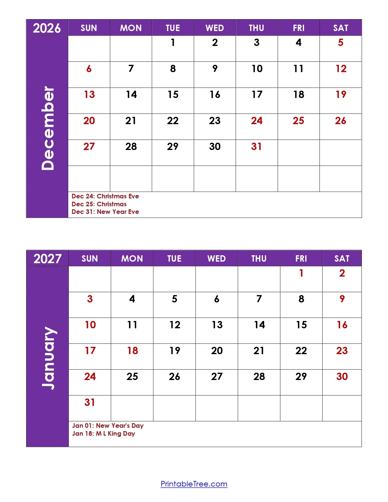 December 2026 And January 2027 Calendar Printable PDF 2 Month 