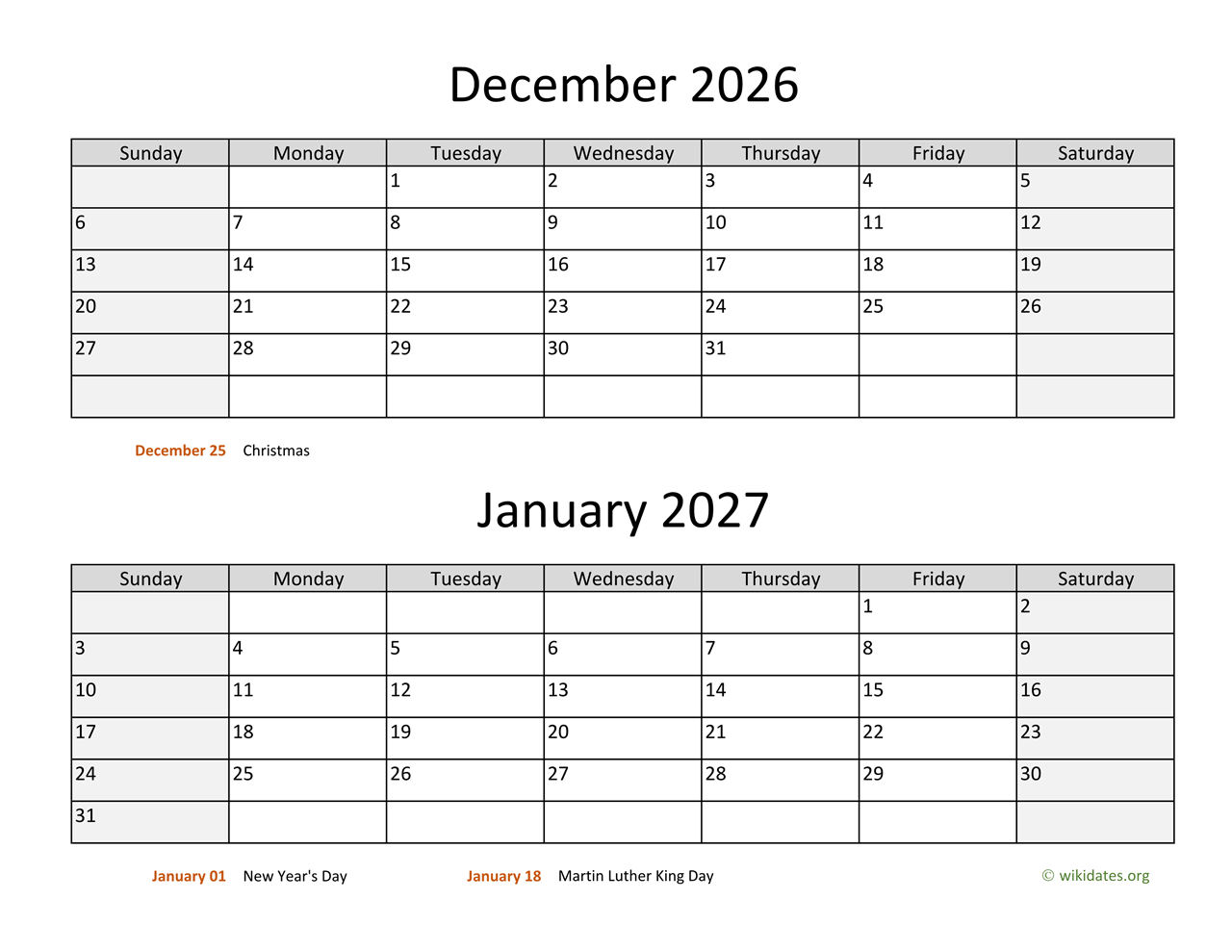 December January 2026 Calendar