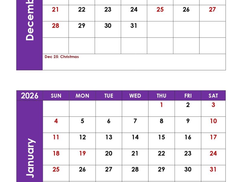 December And January 2026 Calendar Printable PDF Two Months Calendar