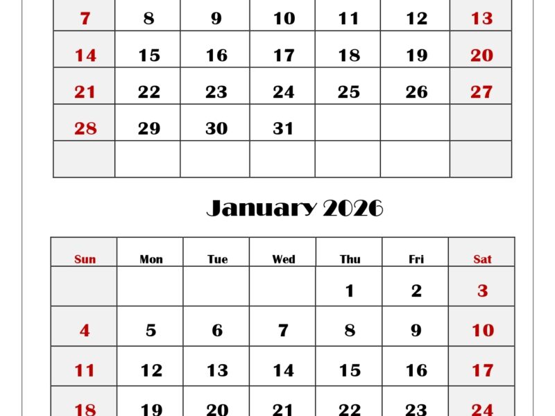 December And January 2026 Calendar Printable PDF Two Months Calendar