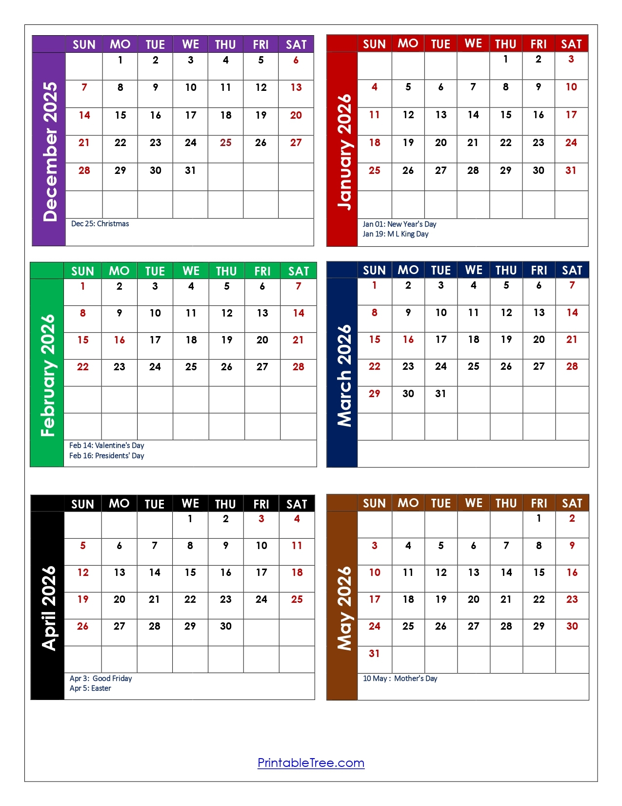 December To May 2026 Calendar Printable PDF Six Months Calendar