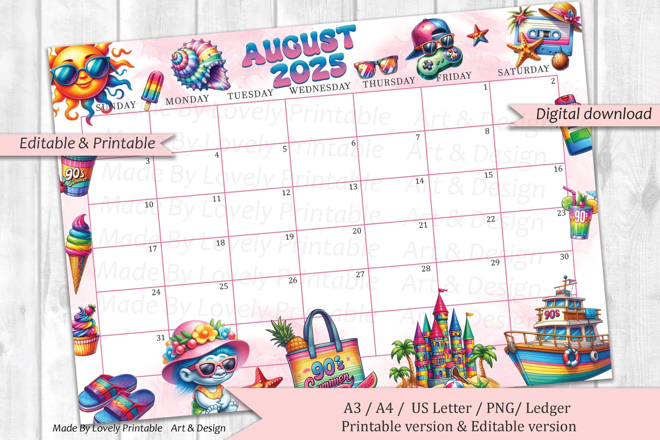 EDITABLE August 2025 Calendar 90s Summer Beach Joyful U0026 Colorful Summer At The Beach Printable Fillable Planner For Home Work Instant Etsy