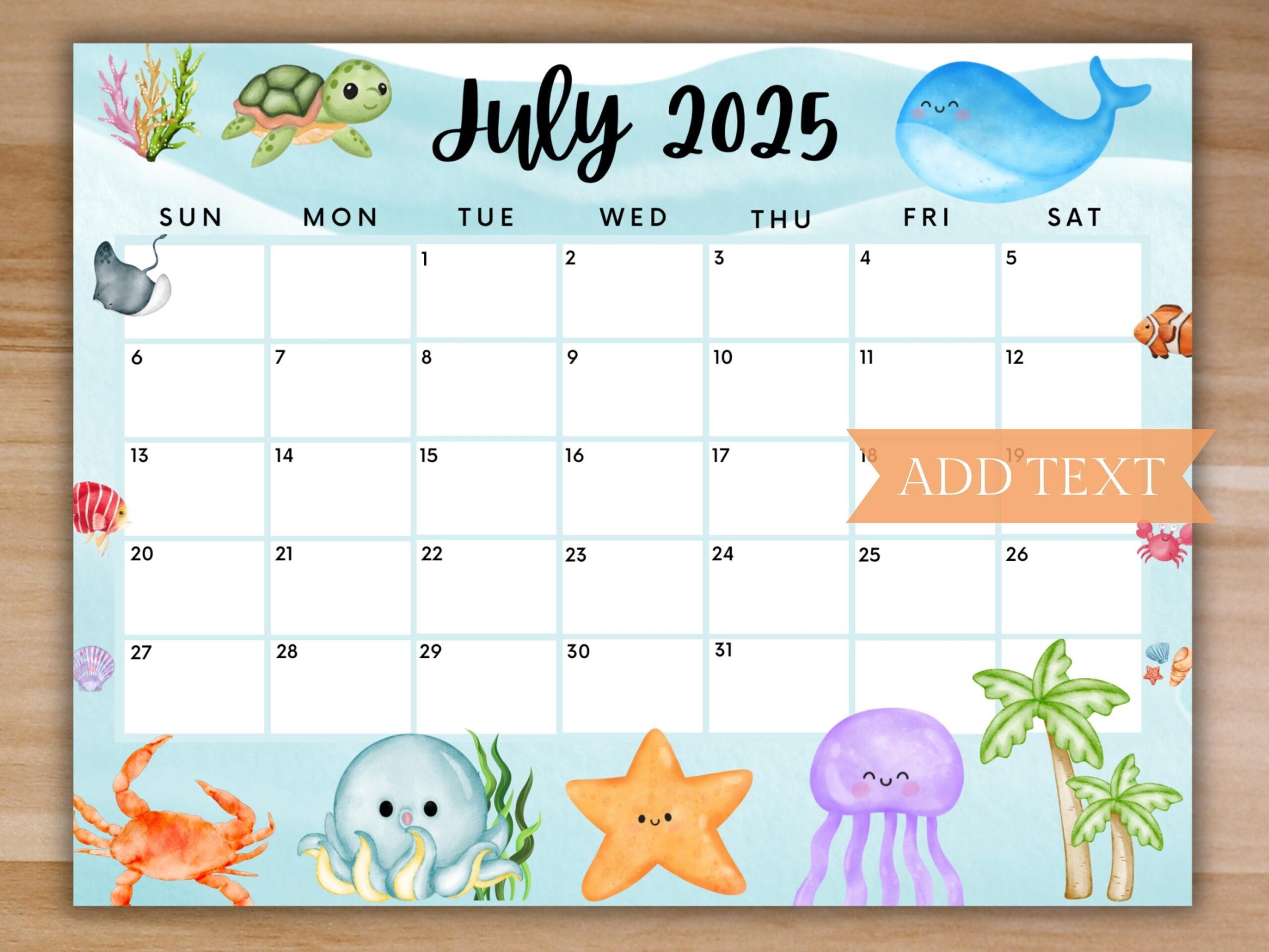 EDITABLE July 2025 Summer Calendar Printable Calendar W Sea 