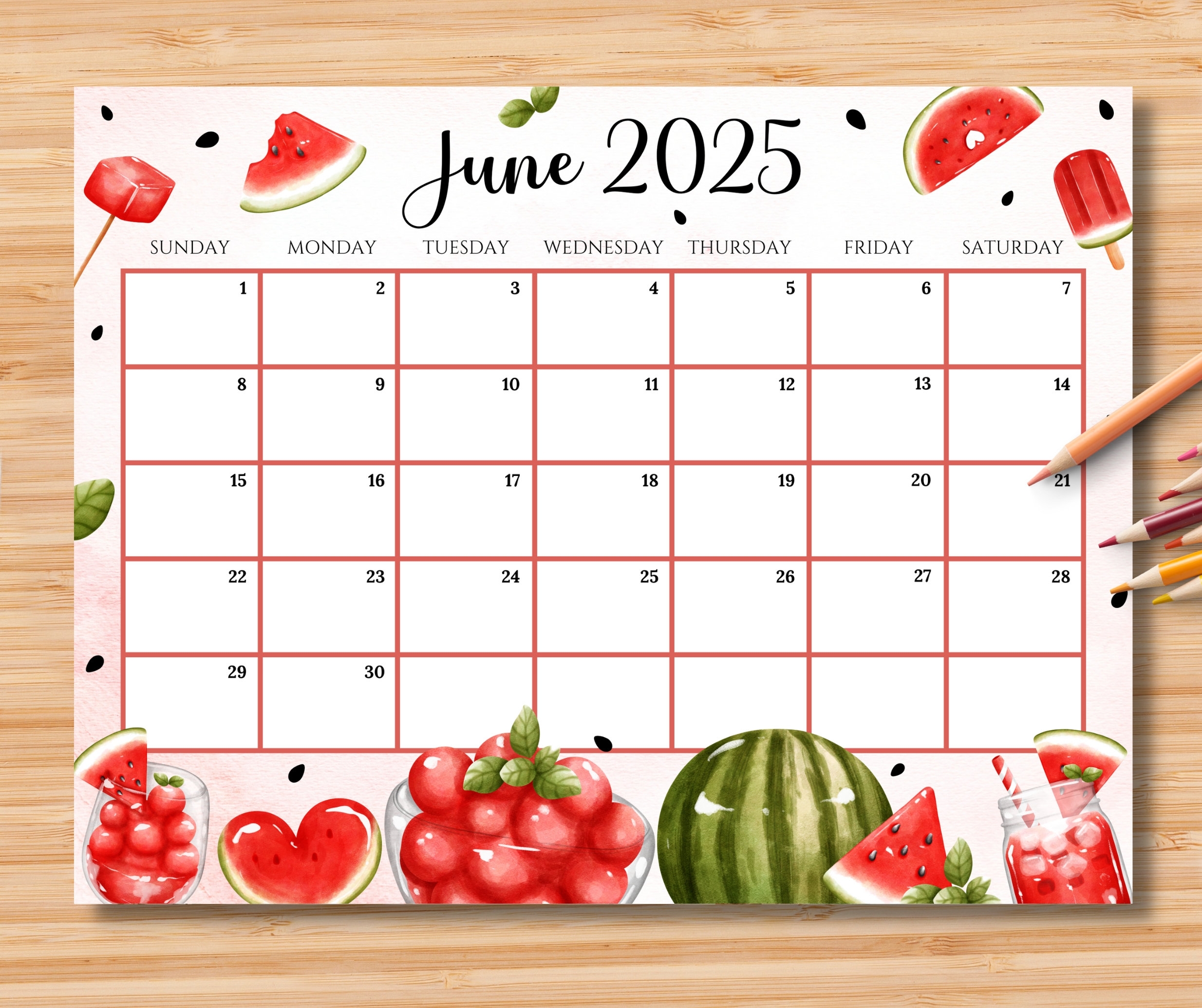 EDITABLE June 2025 Calendar Happy Summer W Sweet U0026 Colorful Watermelon Printable Fillable Classroom Calendar Planner Kids School Schedule