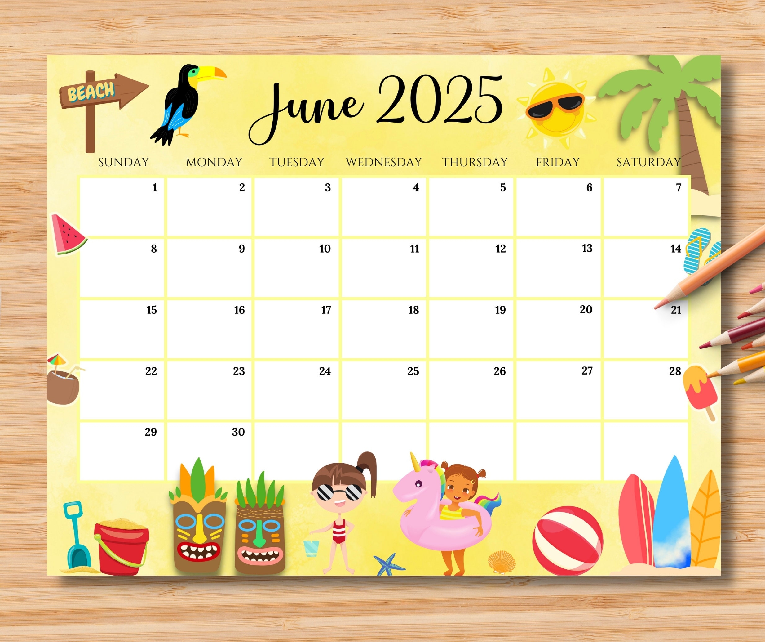 EDITABLE June 2025 Calendar Joyful U0026 Colorful Summer At The Beach 