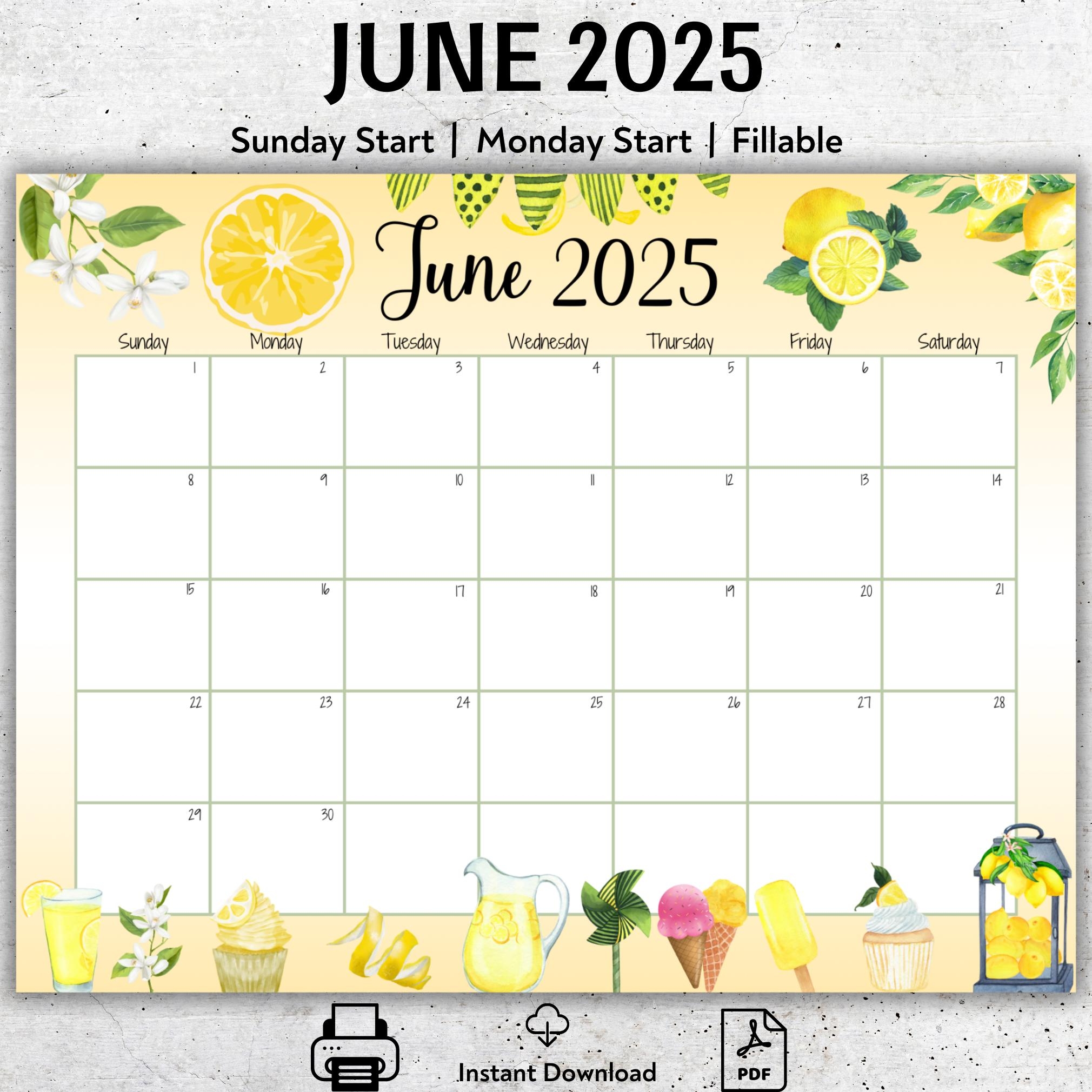 EDITABLE June 2025 Calendar Yellow Lemons Delicious Ice Creams Beautiful Summer Printable Fillable Calendar Planner Monthly Schedule Etsy
