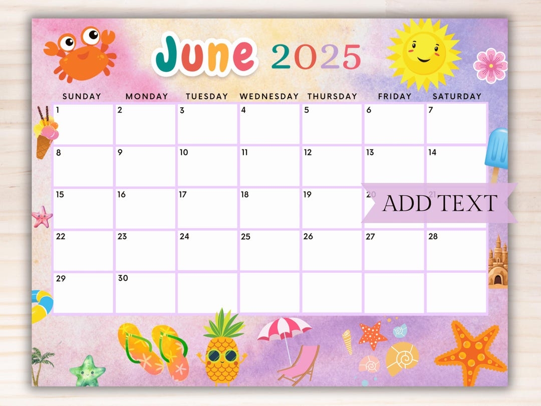 EDITABLE June 2025 Printable Calendar Summer Fun Calendar Beautiful Calendar W Flip Flops And Sun Monthly Calendar Family Calendar Etsy