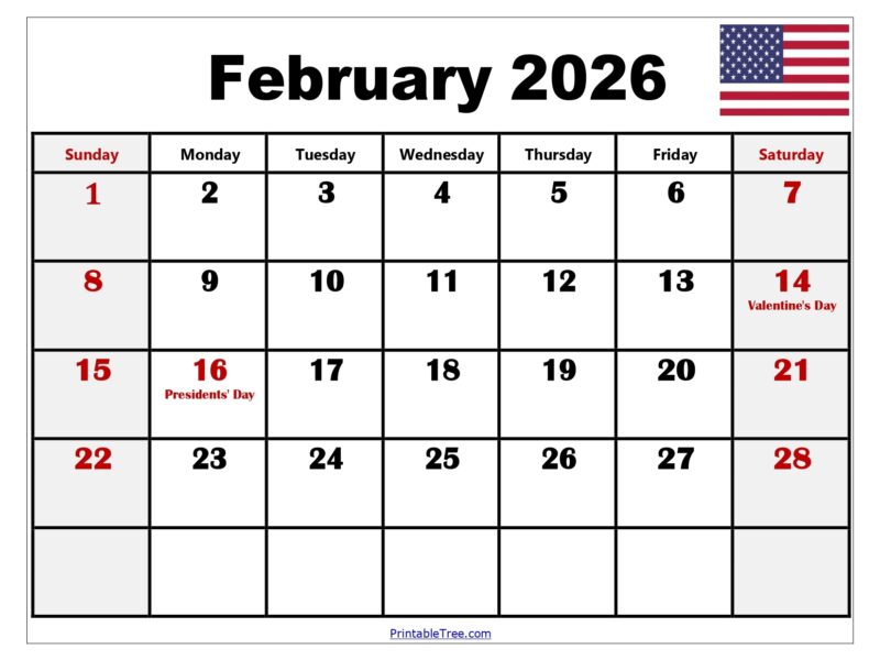 February 2026 Calendar Printable PDF With Holidays Templates