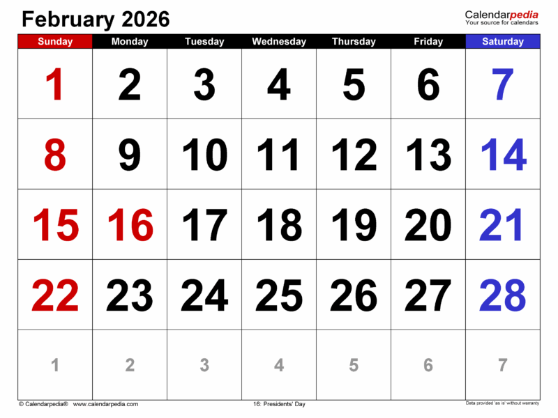 February 2026 Calendar Templates For PDF Excel And Word