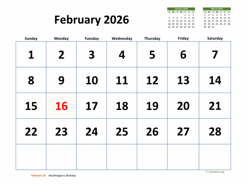 February 2026 Calendar With Extra large Dates WikiDates