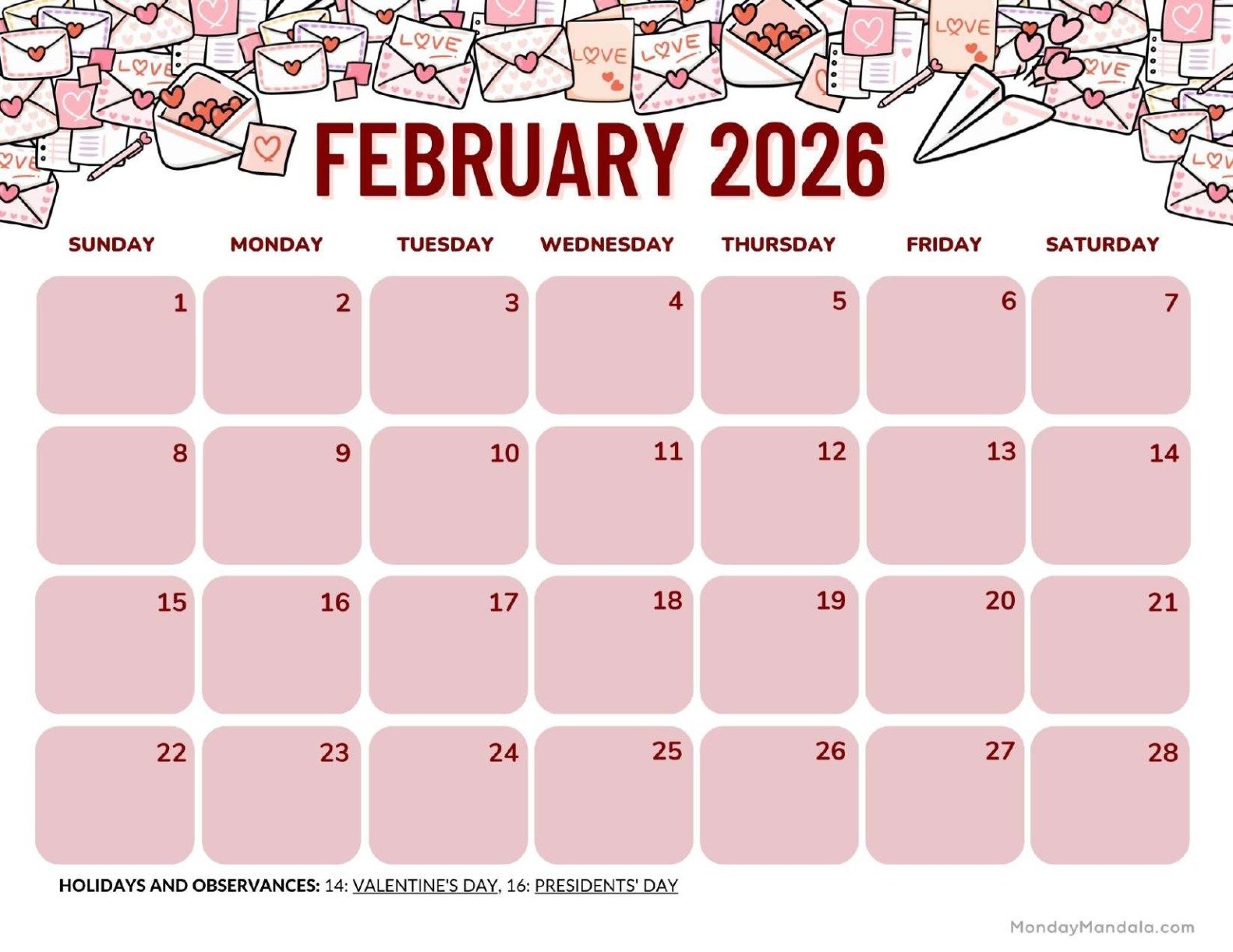 Calendar February 2026 With Holidays