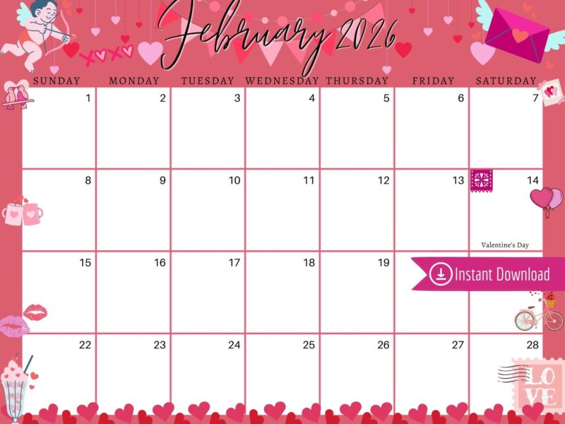 February 2026 Digital Calendar Red Valentine s Day Planner