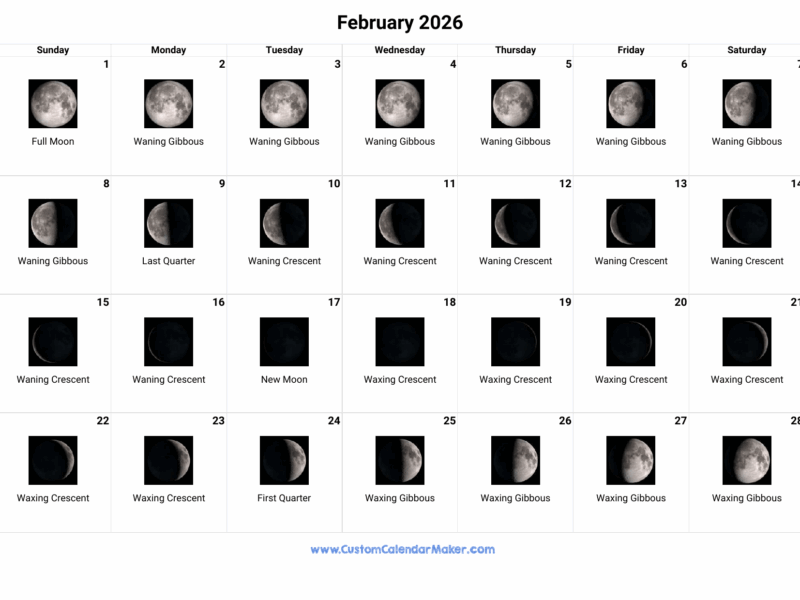 February 2026 Moon Phases Calendar Custom Calendar Maker