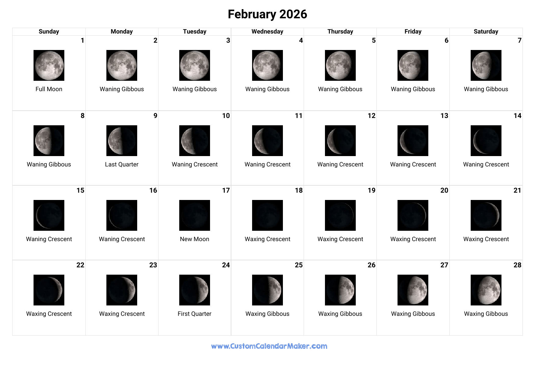 February 2026 Moon Phases Calendar Custom Calendar Maker