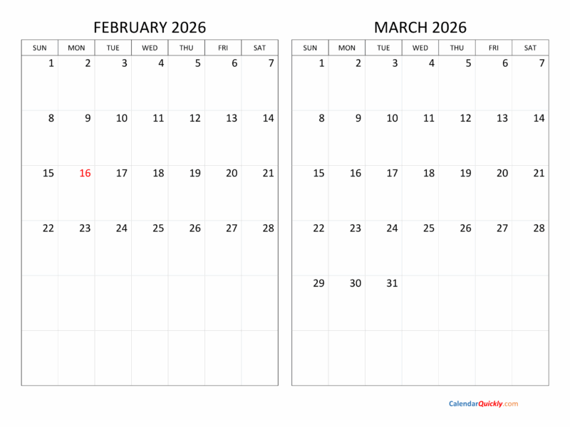 February And March 2026 Calendar Calendar Quickly
