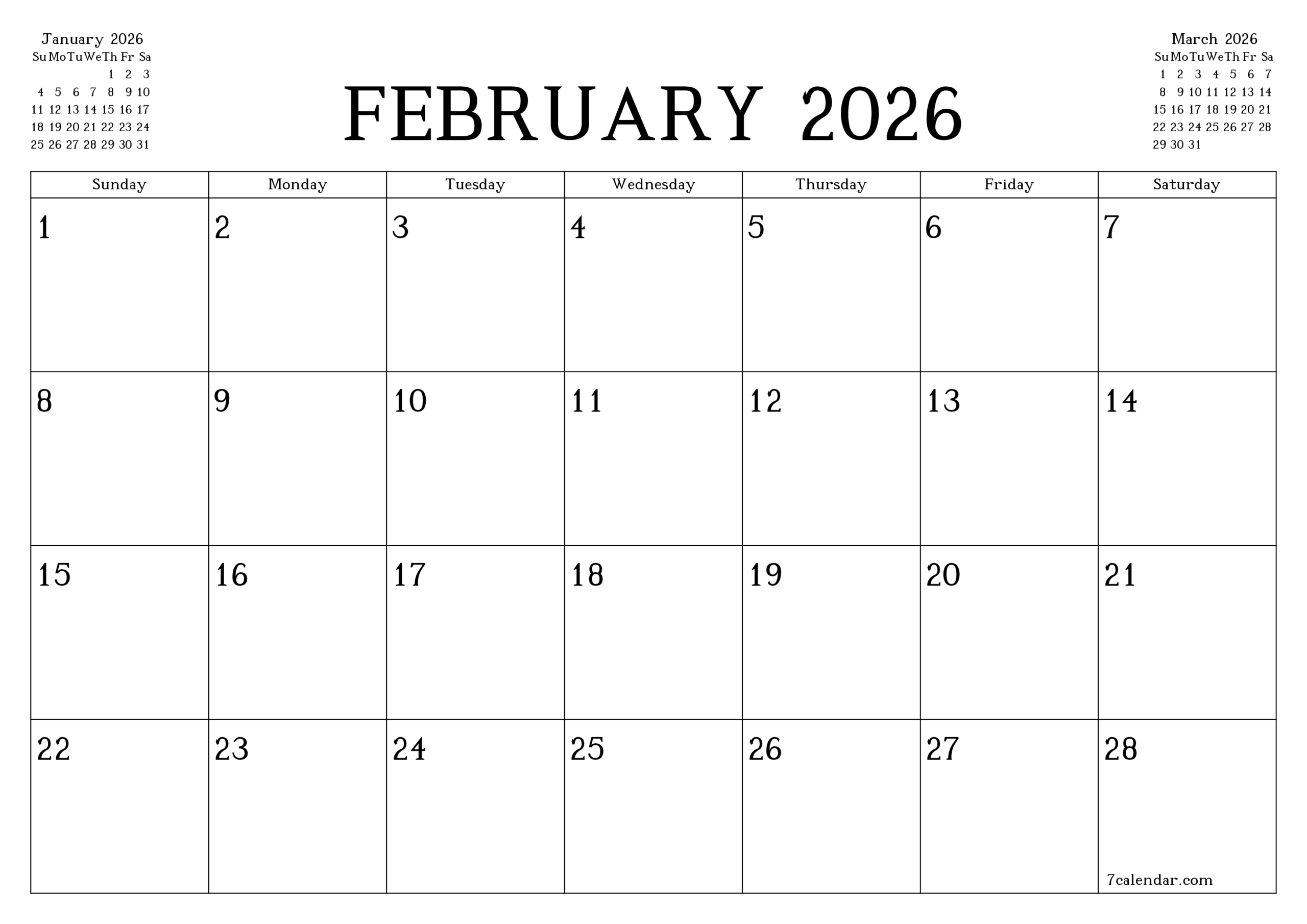 February Calendar 2026 Printable Template 7calendar