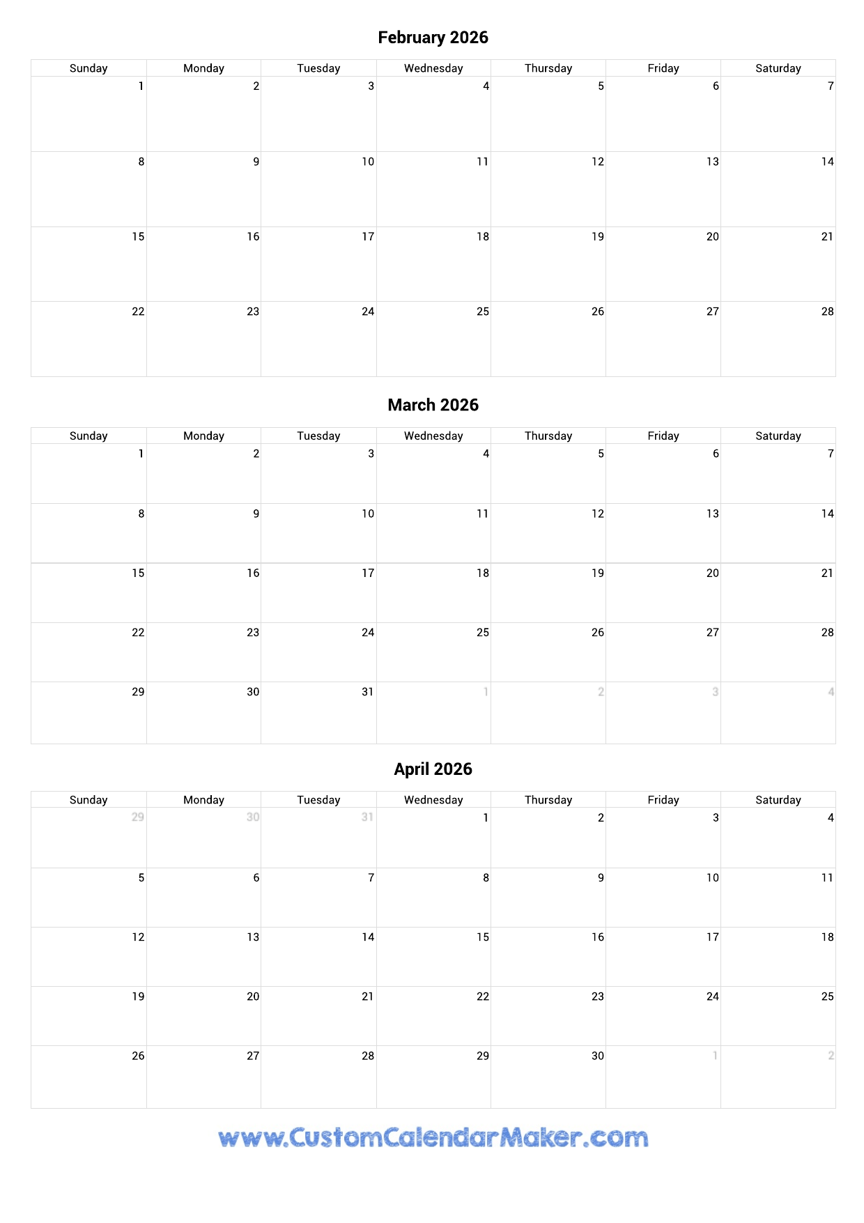 February To April 2026 Calendar Printable Custom Calendar Maker