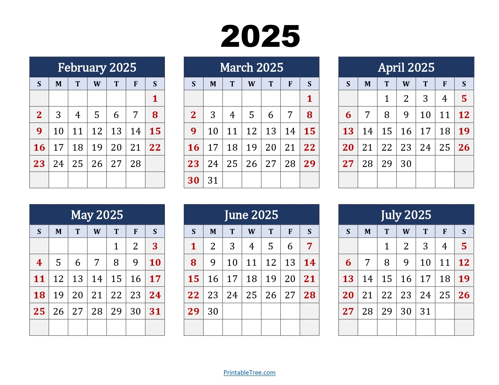 February To July 2025 Calendar Printable PDF Six Months Calendar