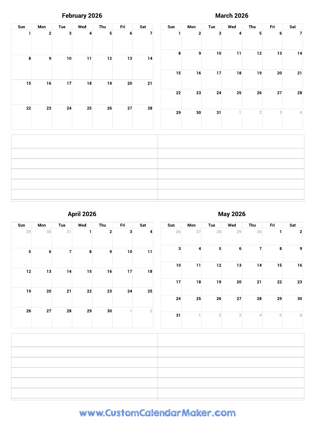 February To May 2026 Printable Calendar Custom Calendar Maker