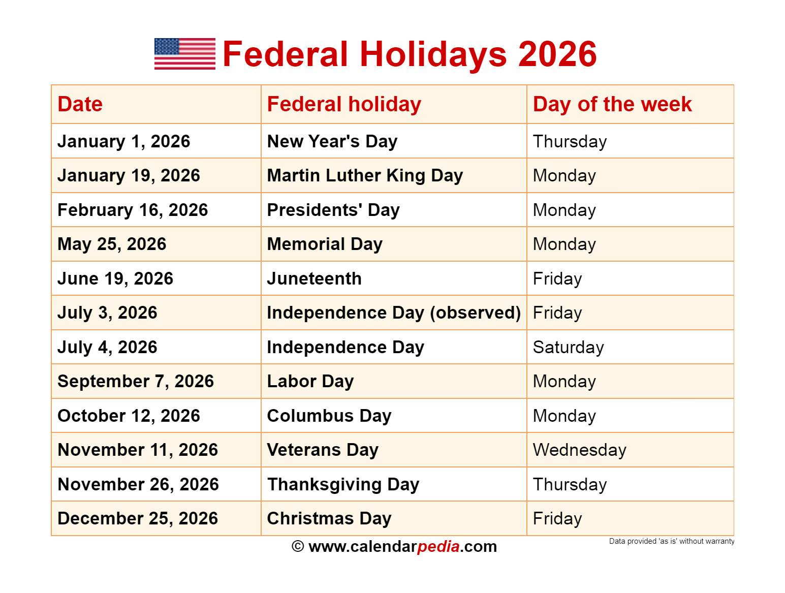 Federal Holidays 2026