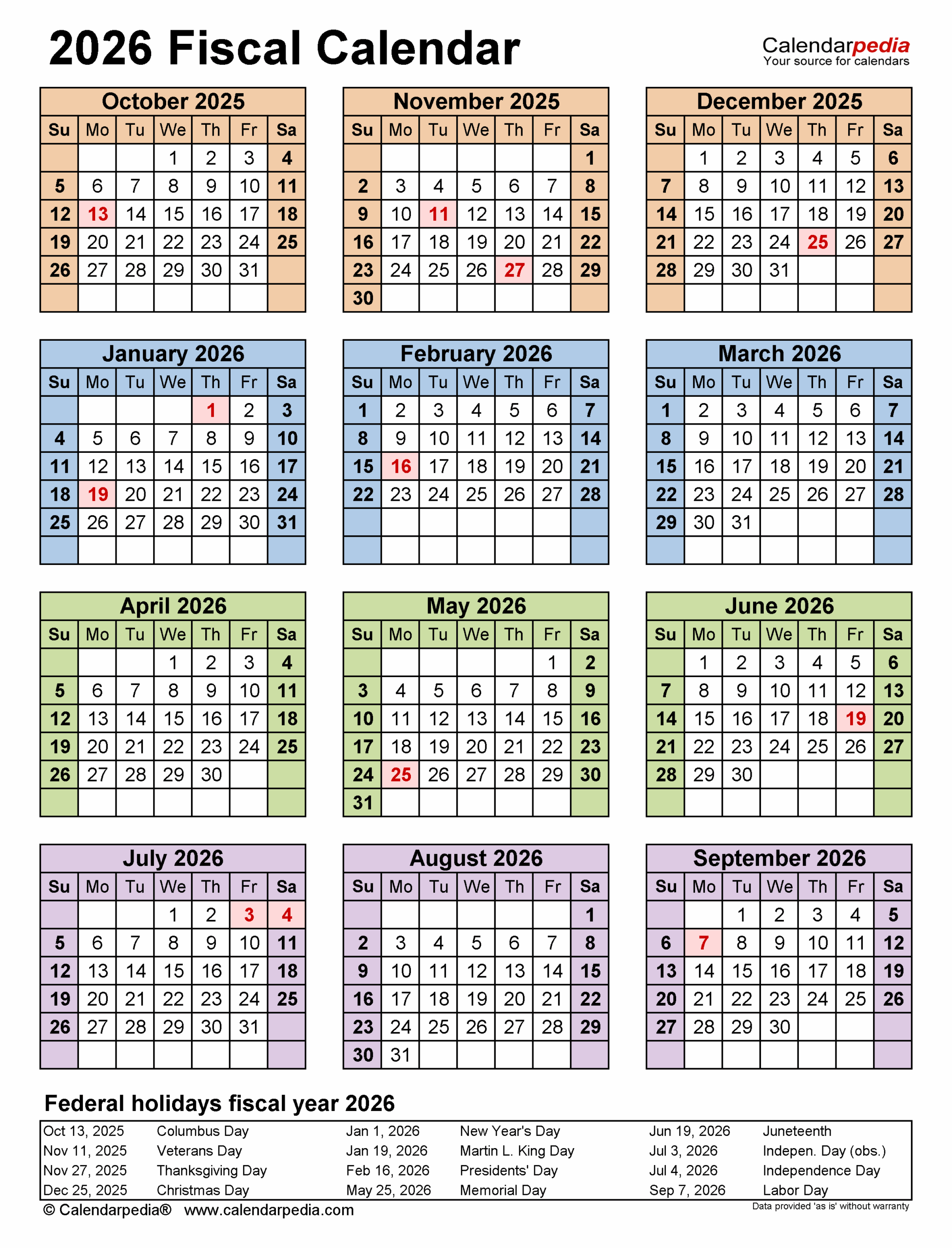 Fiscal Calendars 2026 Free Printable PDF Templates