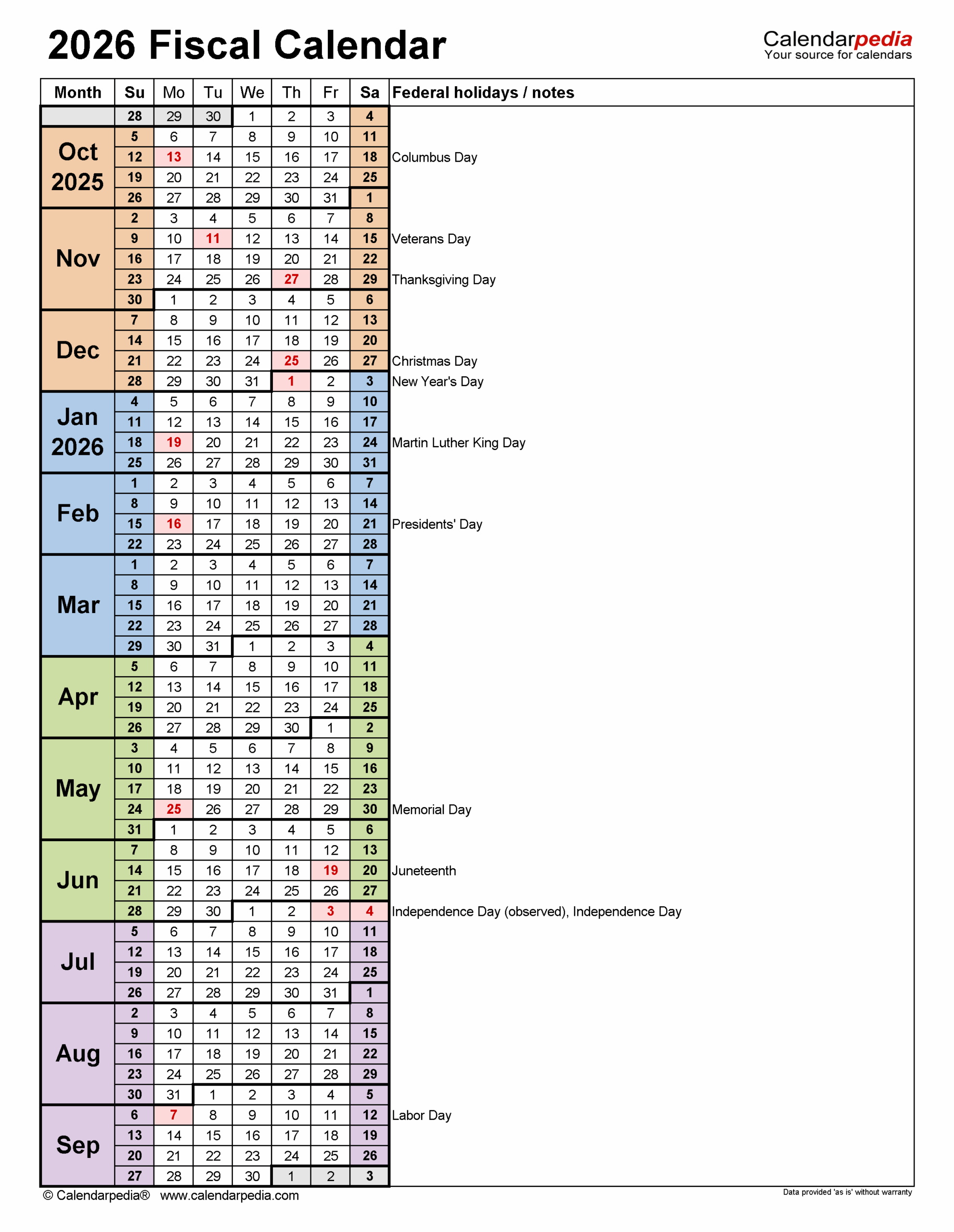 Fiscal Calendars 2026 Free Printable PDF Templates
