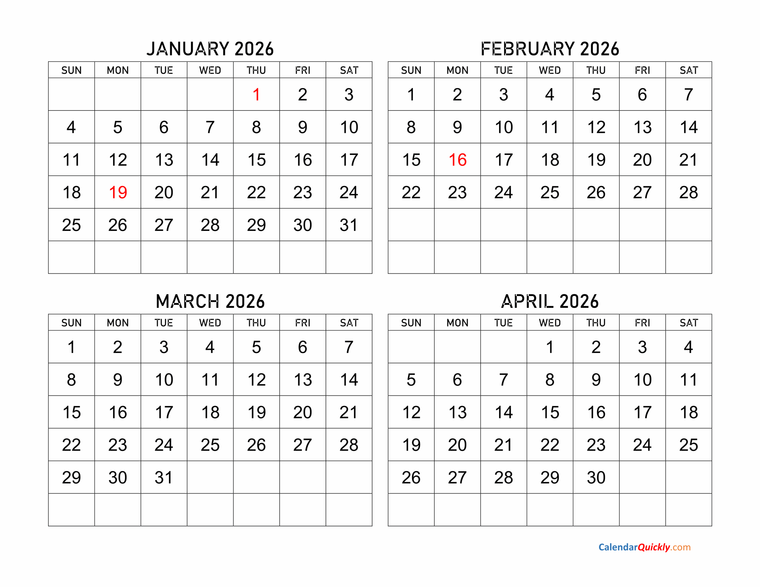 Four Months 2026 Calendar Calendar Quickly