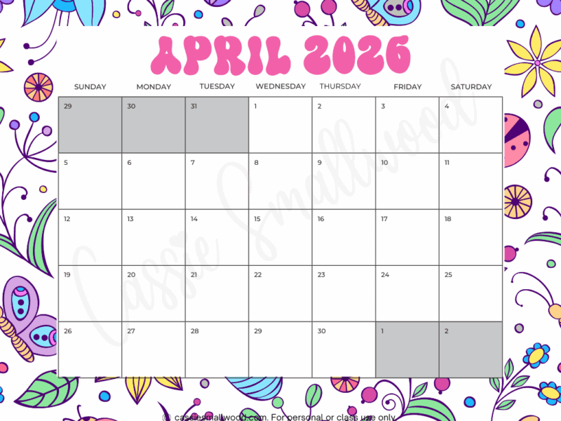 FREE PRINTABLE 2026 APRIL CALENDAR Cassie Smallwood