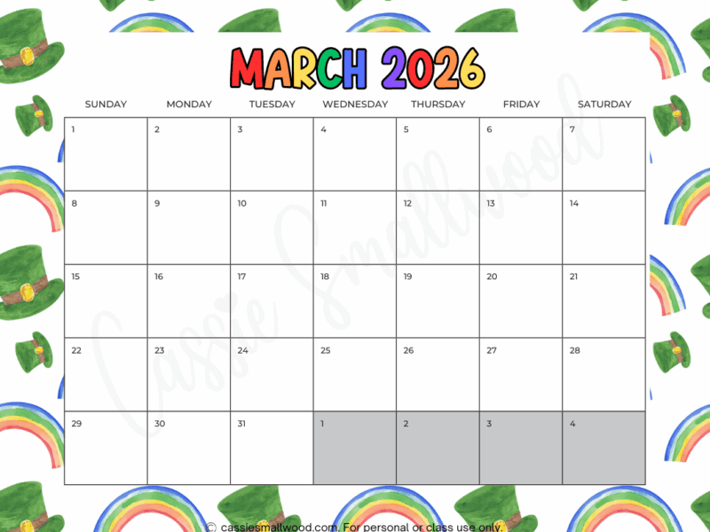 FREE PRINTABLE 2026 MARCH CALENDAR Cassie Smallwood