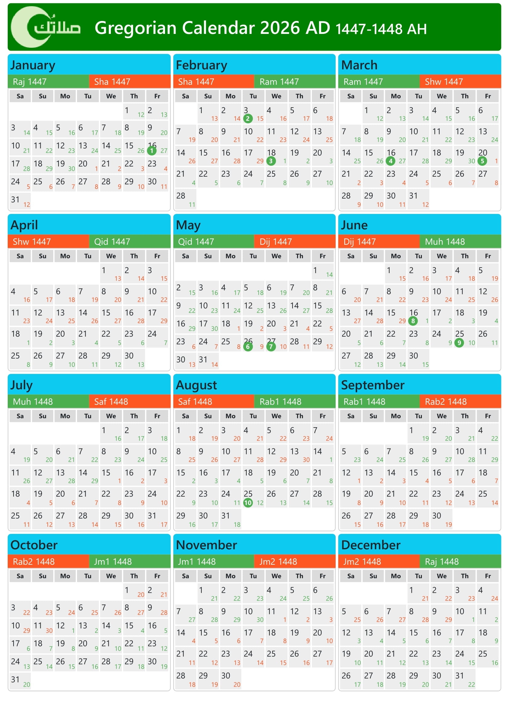 Gregorian Hijri Calendar 2026 1447 1448 In Czech Republic