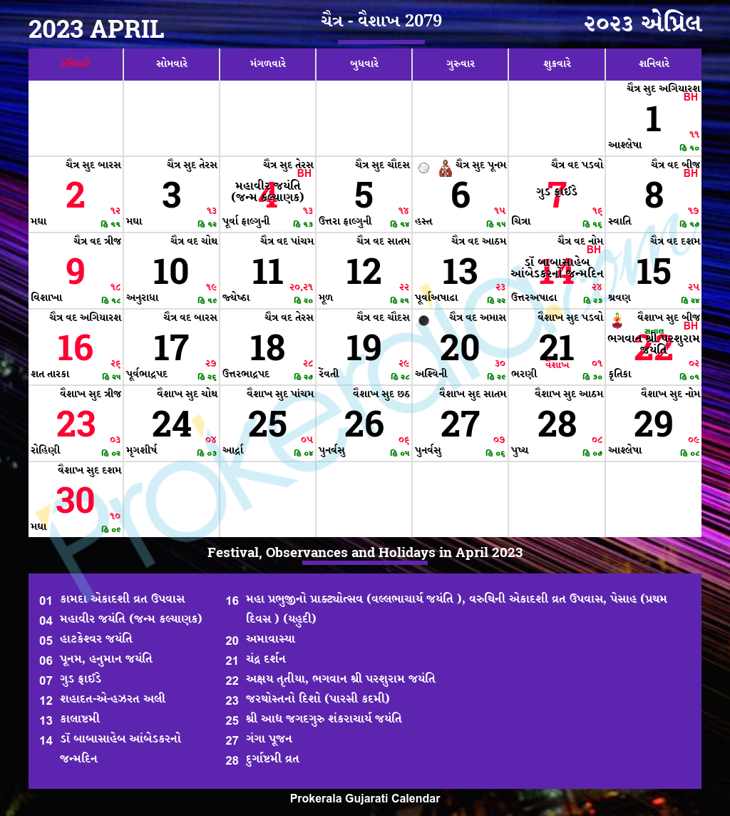 Gujarati Calendar April 2023 Vikram Samvat 2079 Chaitra Vaishakha