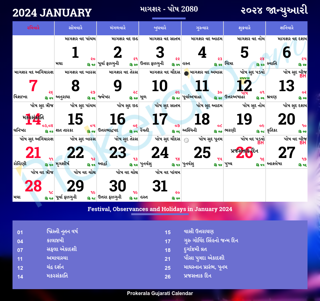 Gujarati Calendar 2026 January