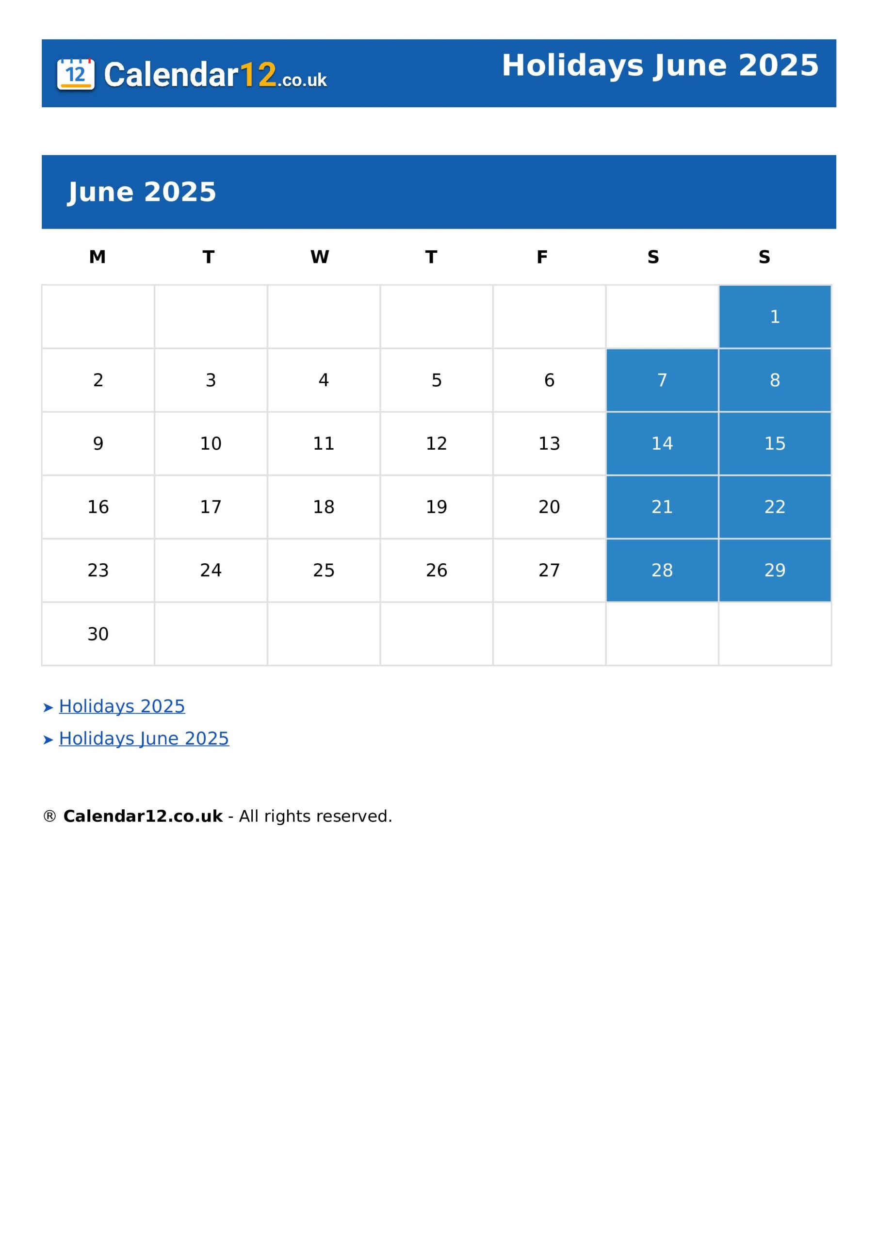 Holidays June 2025 Calendar12 co uk